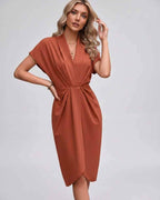 Veloura Midi Dress by Lauven — satin cap sleeve V-neck draped midi dress