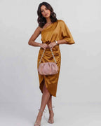 Veloura Midi Dress by Lauven — satin one shoulder draped midi dress with slit