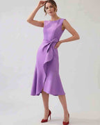 Serelune Midi Dress by Lauven — sleeveless satin midi dress with ruffle detail and fit flare silhouette