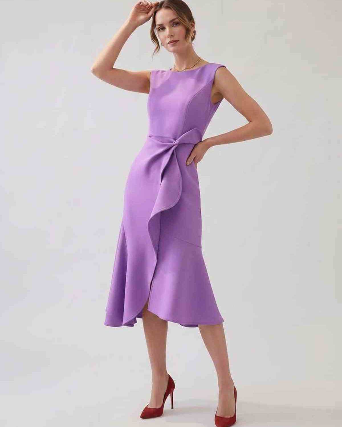 Serelune Midi Dress by Lauven — sleeveless satin midi dress with ruffle detail and fit flare silhouette