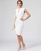 Velmira Midi Dress by Lauven — sleeveless keyhole wrap midi dress with ruched waist