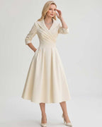 Serelune Midi Dress by Lauven — satin blend 3/4 sleeve V-neck A-line midi dress