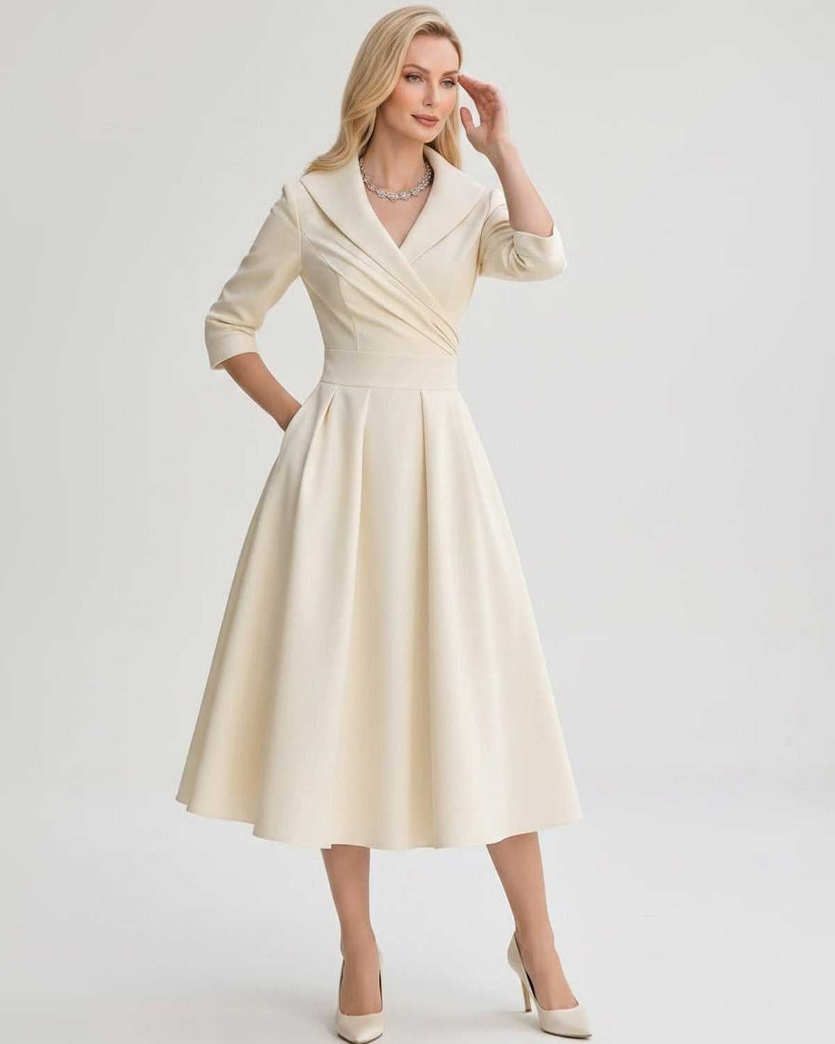 Serelune Midi Dress by Lauven — satin blend 3/4 sleeve V-neck A-line midi dress