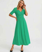Velmira Midi Dress by Lauven — soft stretch short sleeve V-neck A-line midi dress