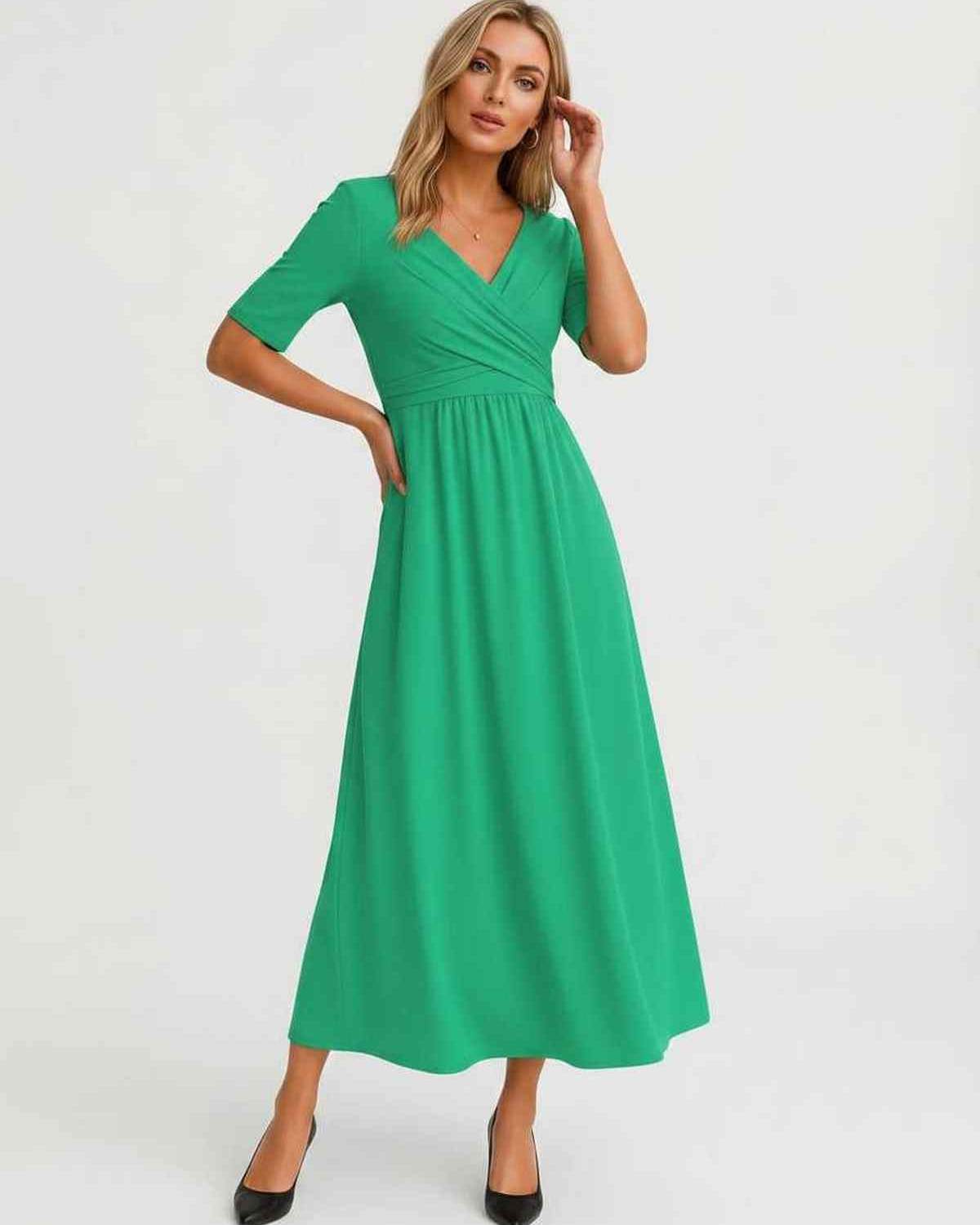 Velmira Midi Dress by Lauven — soft stretch short sleeve V-neck A-line midi dress
