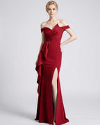 Veloura Maxi Dress by Lauven — polyester spandex off-the-shoulder mermaid maxi dress with slit