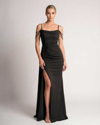 Celestia Maxi Dress by Lauven — polyester spaghetti strap mermaid maxi dress with beading and split