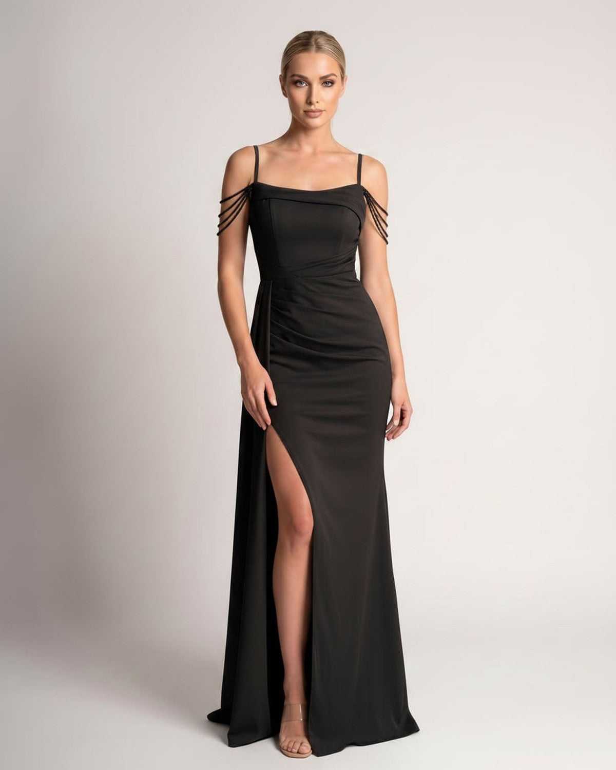 Celestia Maxi Dress by Lauven — polyester spaghetti strap mermaid maxi dress with beading and split