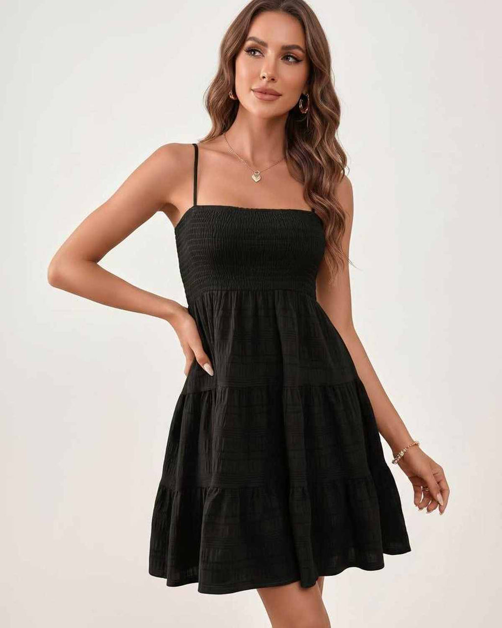 Solara Mini Dress by Lauven — textured sleeveless square neck tiered swing mini dress