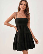 Solara Mini Dress by Lauven — textured sleeveless square neck tiered swing mini dress