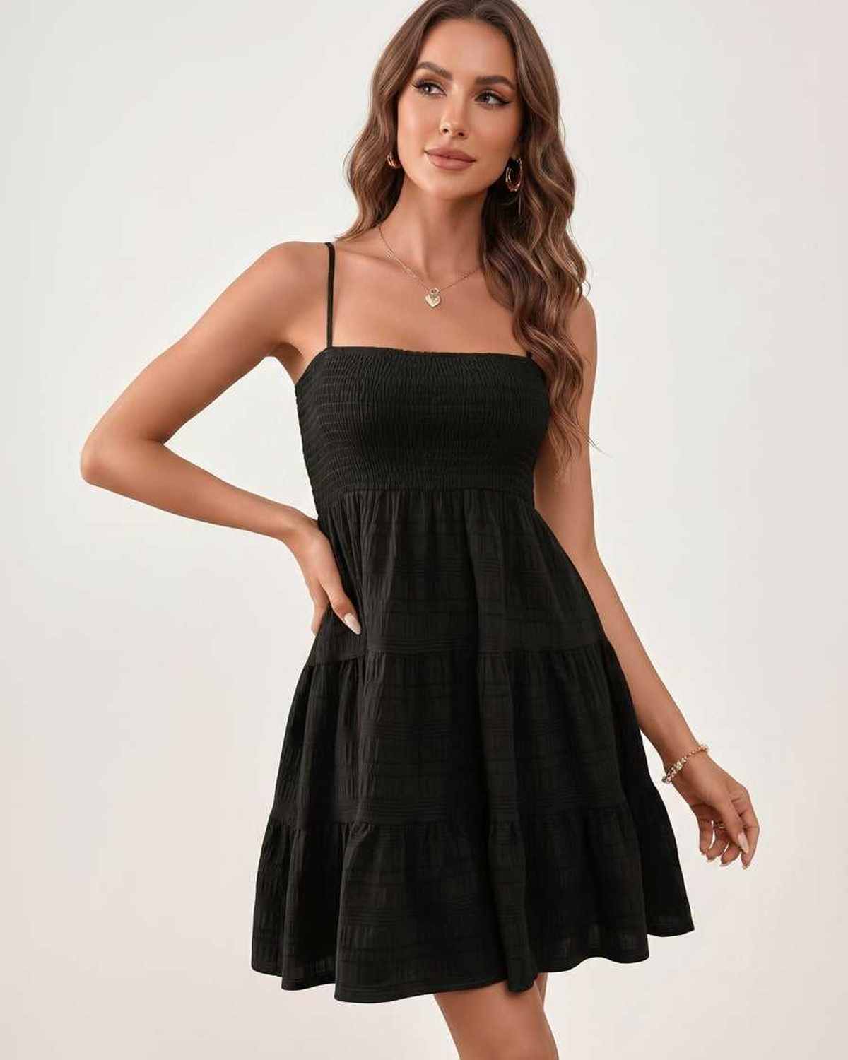 Solara Mini Dress by Lauven — textured sleeveless square neck tiered swing mini dress