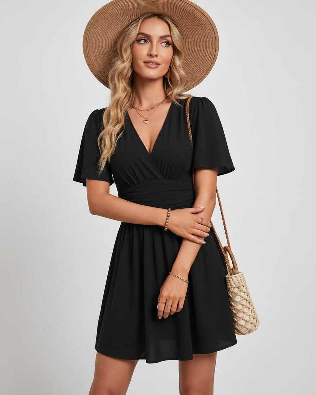 Calista Mini Dress by Lauven — chiffon ruffled short sleeve V-neck A-line mini dress