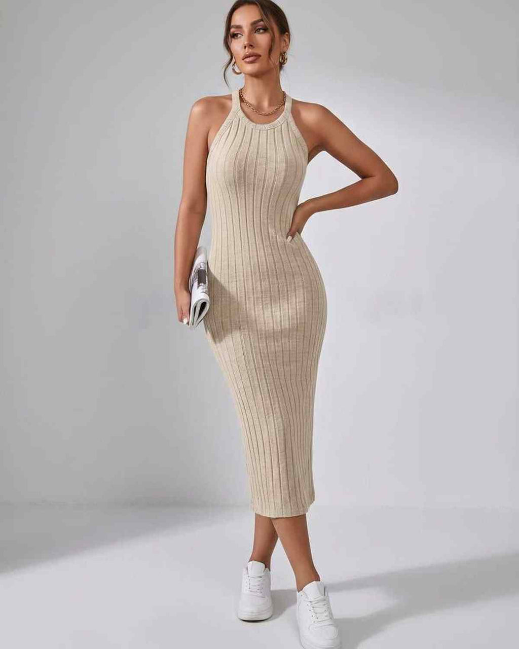 Lunara Midi Dress by Lauven — ribbed knit sleeveless crew neck slim-fit midi dress