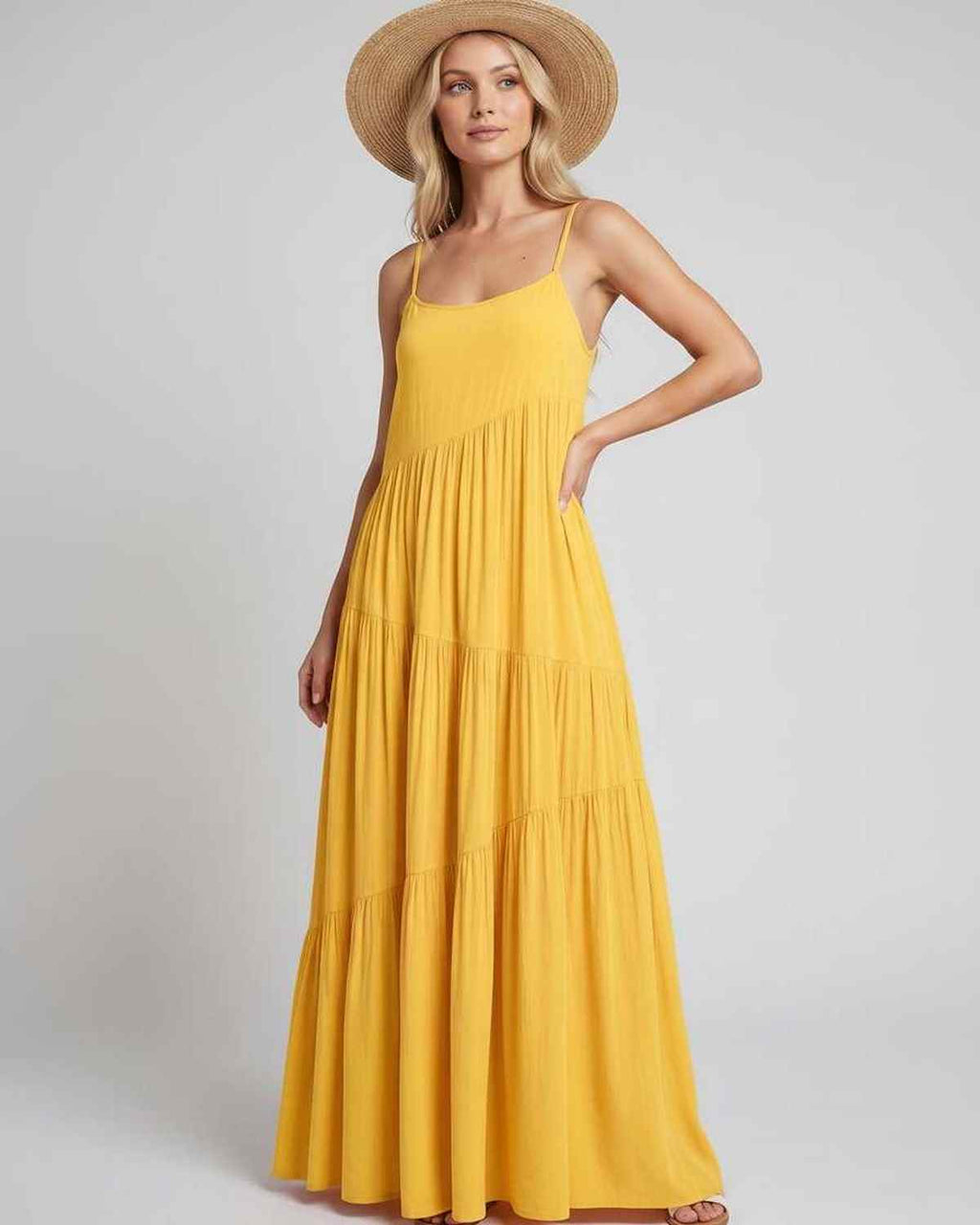 Solenne Maxi Dress by Lauven — rayon blend sleeveless scoop neck tiered A-line maxi dress