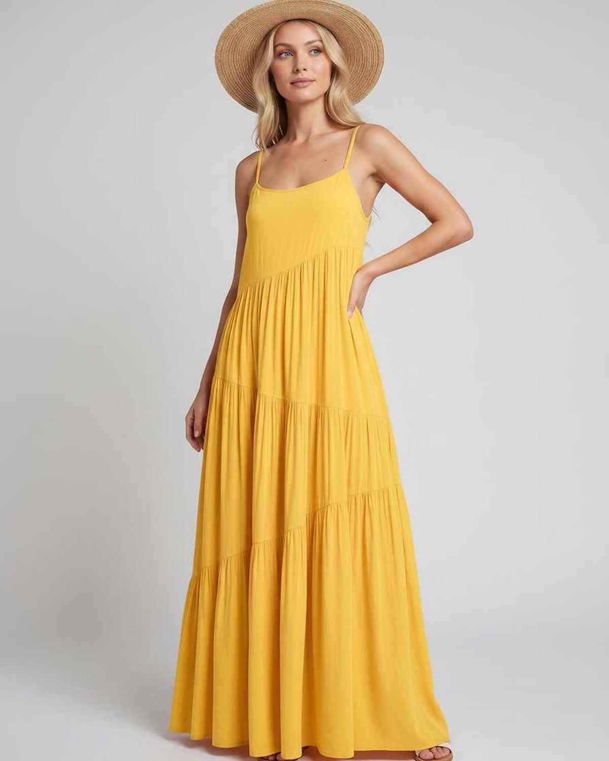 Solenne Maxi Dress by Lauven — rayon blend sleeveless scoop neck tiered A-line maxi dress