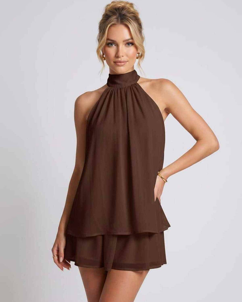 Celestia Mini Dress by Lauven — chiffon sleeveless halter neck mini dress