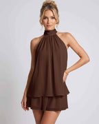 Celestia Mini Dress by Lauven — chiffon sleeveless halter neck mini dress