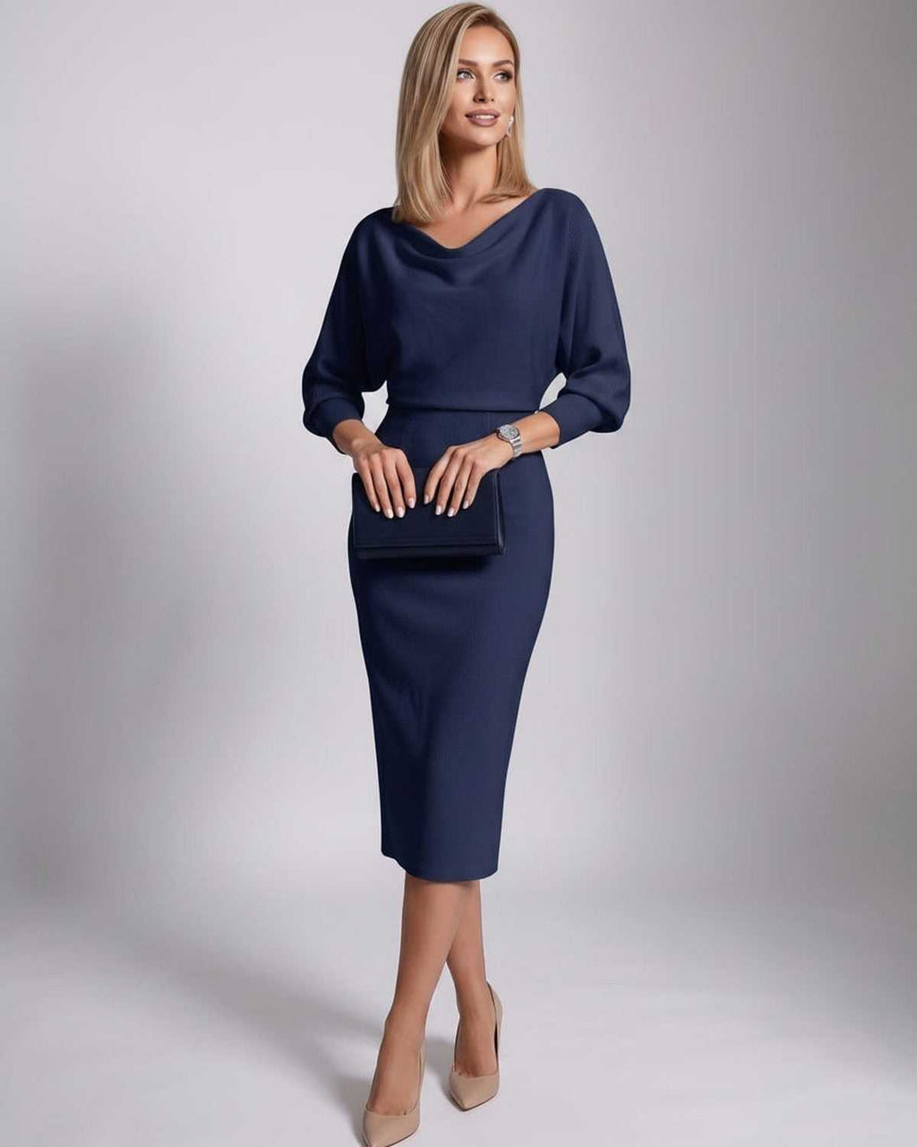 Serene Midi Dress by Lauven — knit batwing sleeve cowl neck fitted midi dress