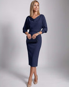 Serene Midi Dress by Lauven — knit batwing sleeve cowl neck fitted midi dress