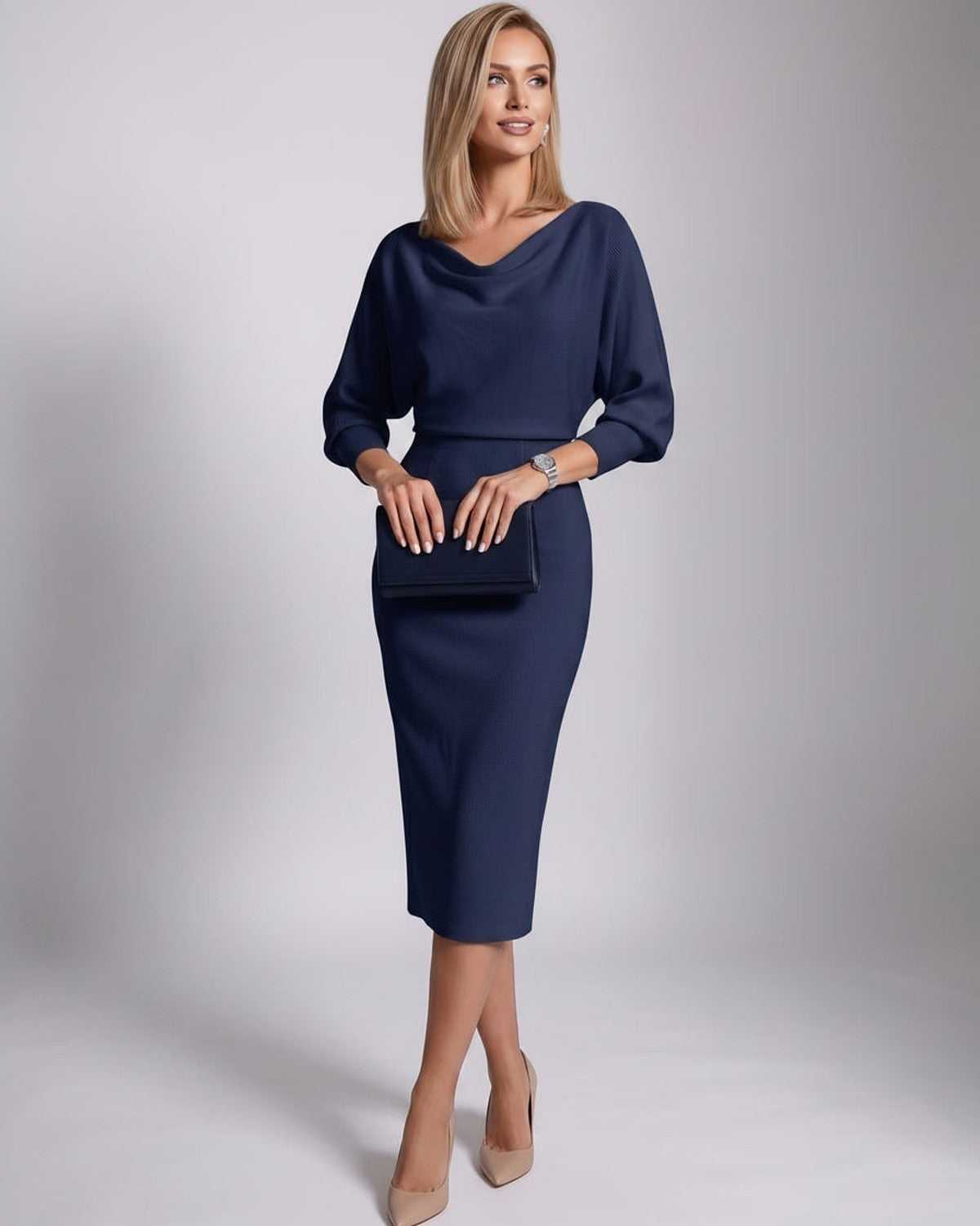 Serene Midi Dress by Lauven — knit batwing sleeve cowl neck fitted midi dress