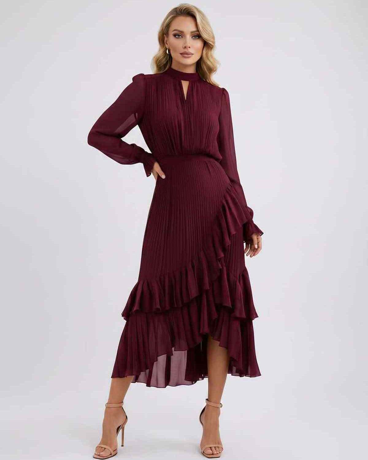 Celestia Maxi Dress by Lauven — chiffon long sleeve high neck A-line maxi dress