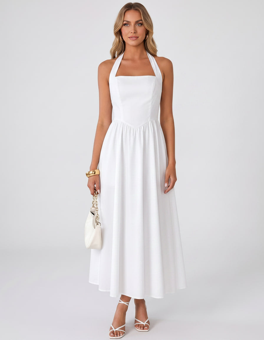 Veloura Midi Dress by Lauven — satin blend sleeveless square neck A-line midi dress