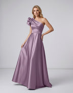 Aurevina Maxi Dress by Lauven — satin one shoulder A-line maxi dress with ruffle detail