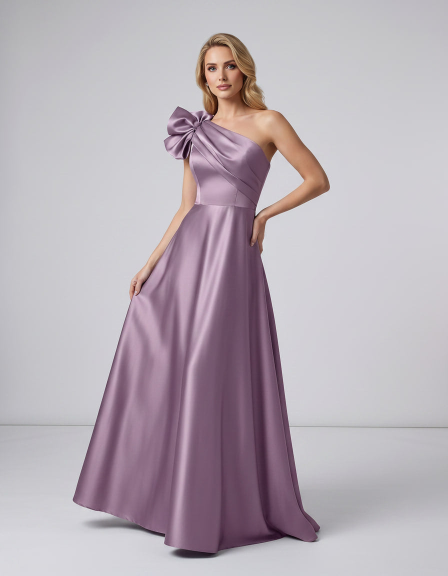 Aurevina Maxi Dress by Lauven — satin one shoulder A-line maxi dress with ruffle detail