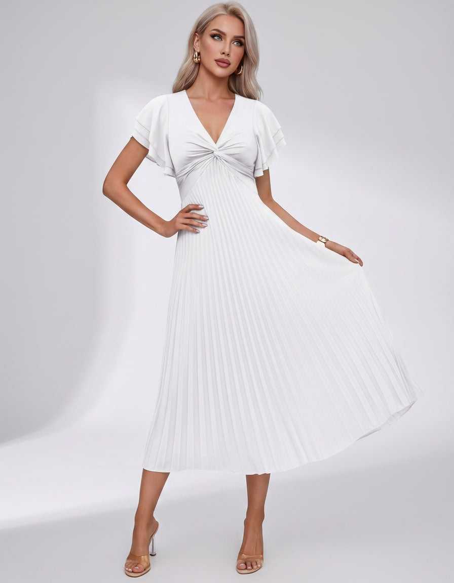 Veloura Midi Dress by Lauven — pleated chiffon flutter sleeve V-neck A-line midi dress