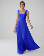 Veloura Maxi Dress by Lauven — satin chiffon sleeveless square neck pleated A-line maxi dress
