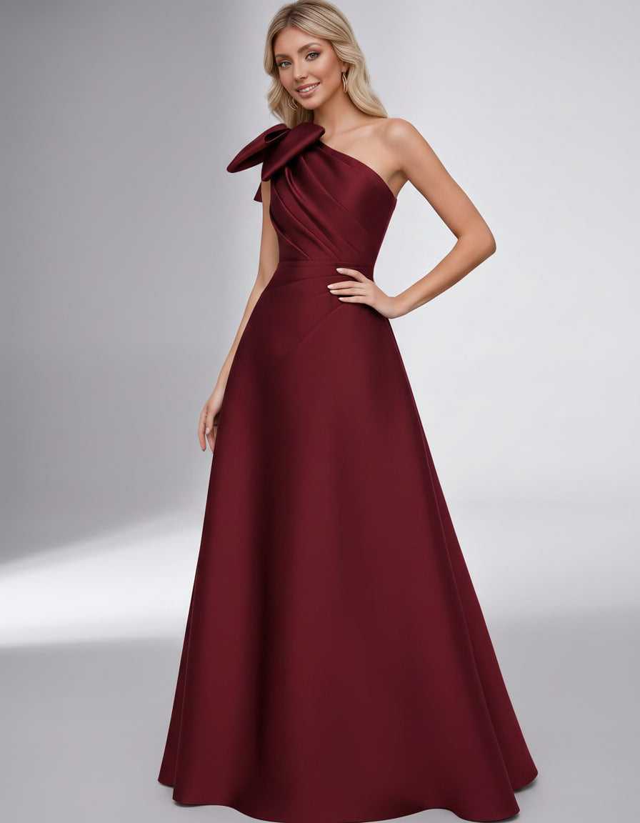 Celestia Maxi Dress by Lauven — satin one shoulder A-line maxi dress with bow