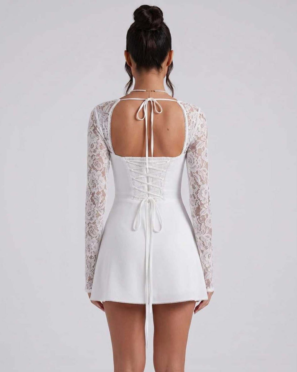 Noiré Mini Dress by Lauven — stretch long sleeve square neck fitted mini dress with lace sleeves