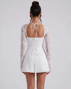 Noiré Mini Dress by Lauven — stretch long sleeve square neck fitted mini dress with lace sleeves