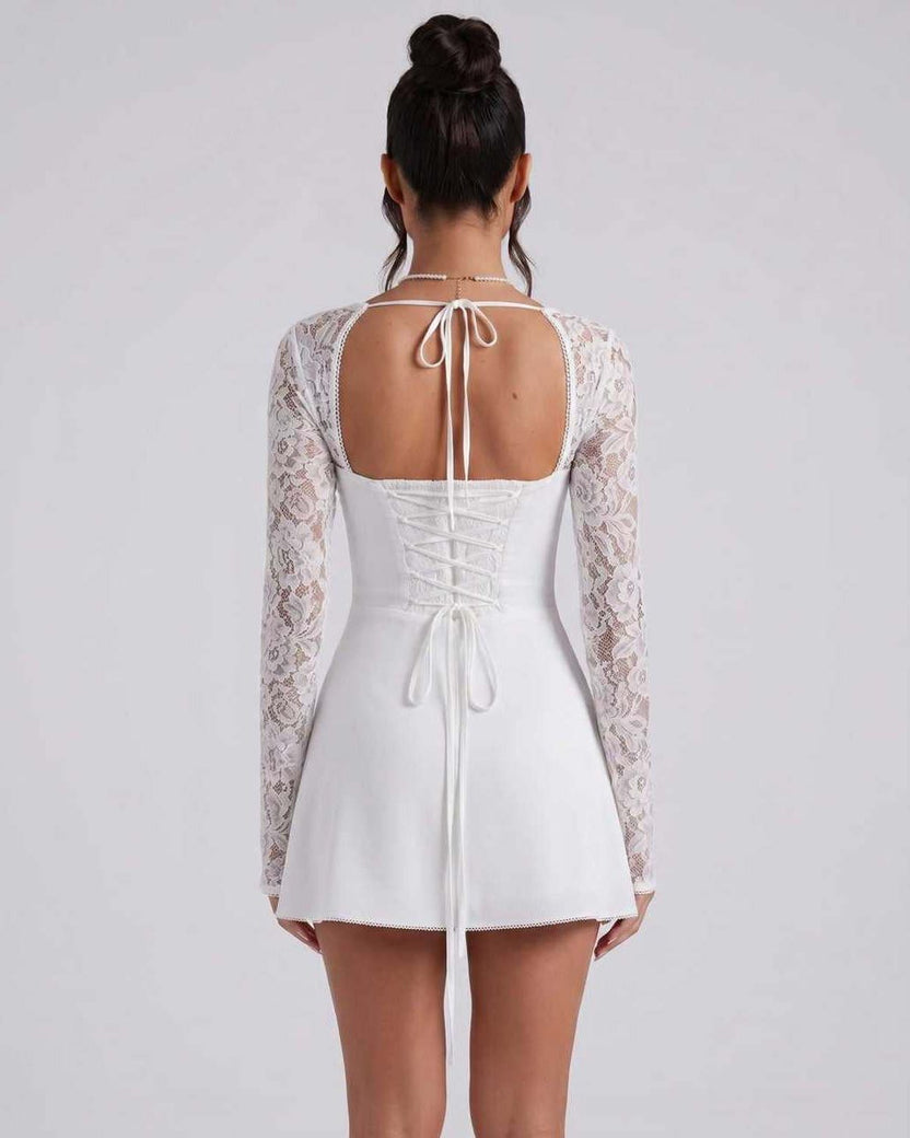 Noiré Mini Dress by Lauven — stretch long sleeve square neck fitted mini dress with lace sleeves