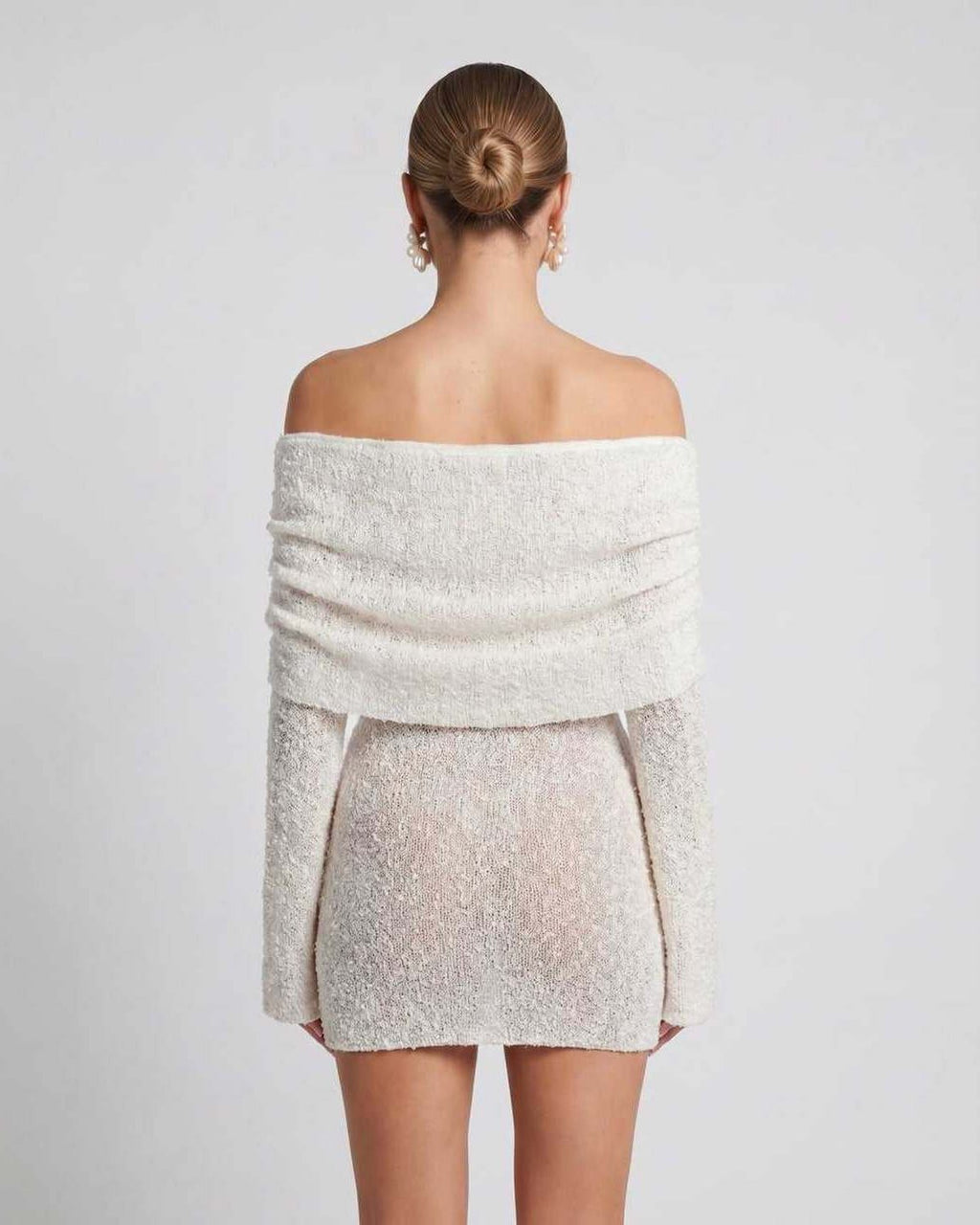 Elara Mini Dress by Lauven — textured knit long bell sleeve off-shoulder fitted mini dress