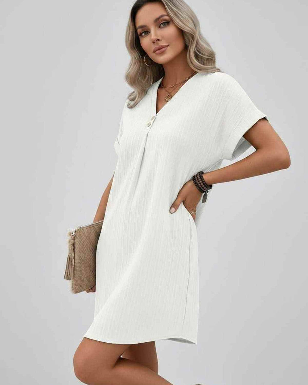 Lunelle Mini Dress by Lauven — textured short sleeve V-neck relaxed mini dress