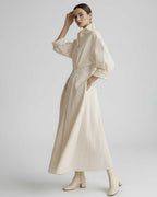 Aurelia Midi Dress by Lauven — breathable fabric long sleeve stand collar belted A-line midi dress