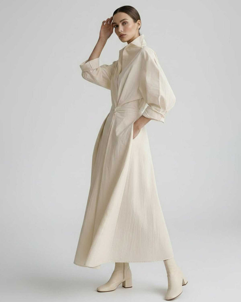 Aurelia Midi Dress by Lauven — breathable fabric long sleeve stand collar belted A-line midi dress
