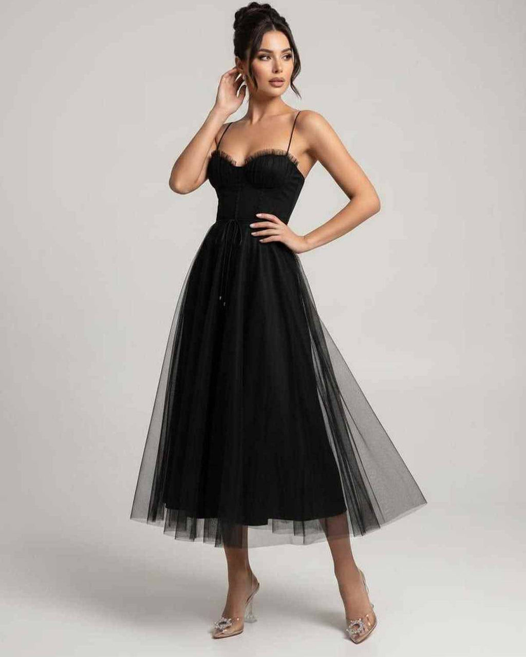 Elara Midi Dress by Lauven — tulle sleeveless sweetheart neck structured bodice midi dress