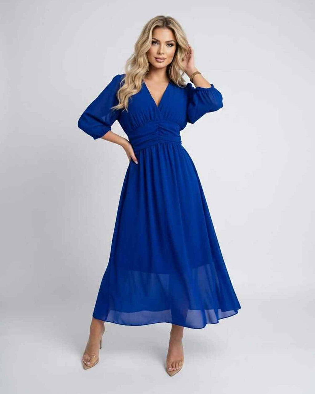 Veloura Midi Dress by Lauven — lightweight chiffon three quarter sleeve v neck A-line midi dress
