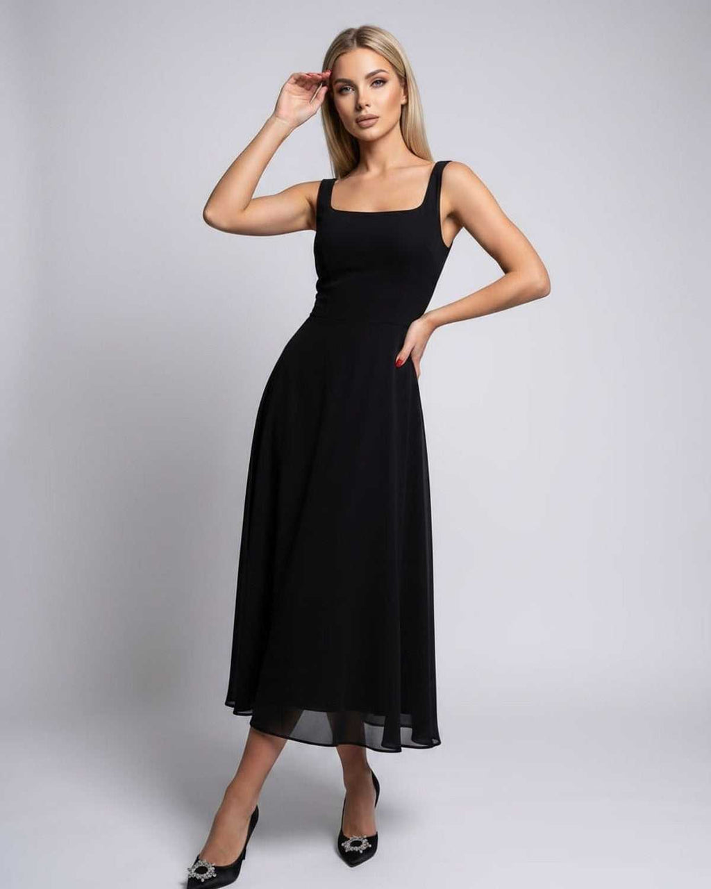 Lunara Midi Dress by Lauven — lightweight chiffon sleeveless square neck A-line midi dress