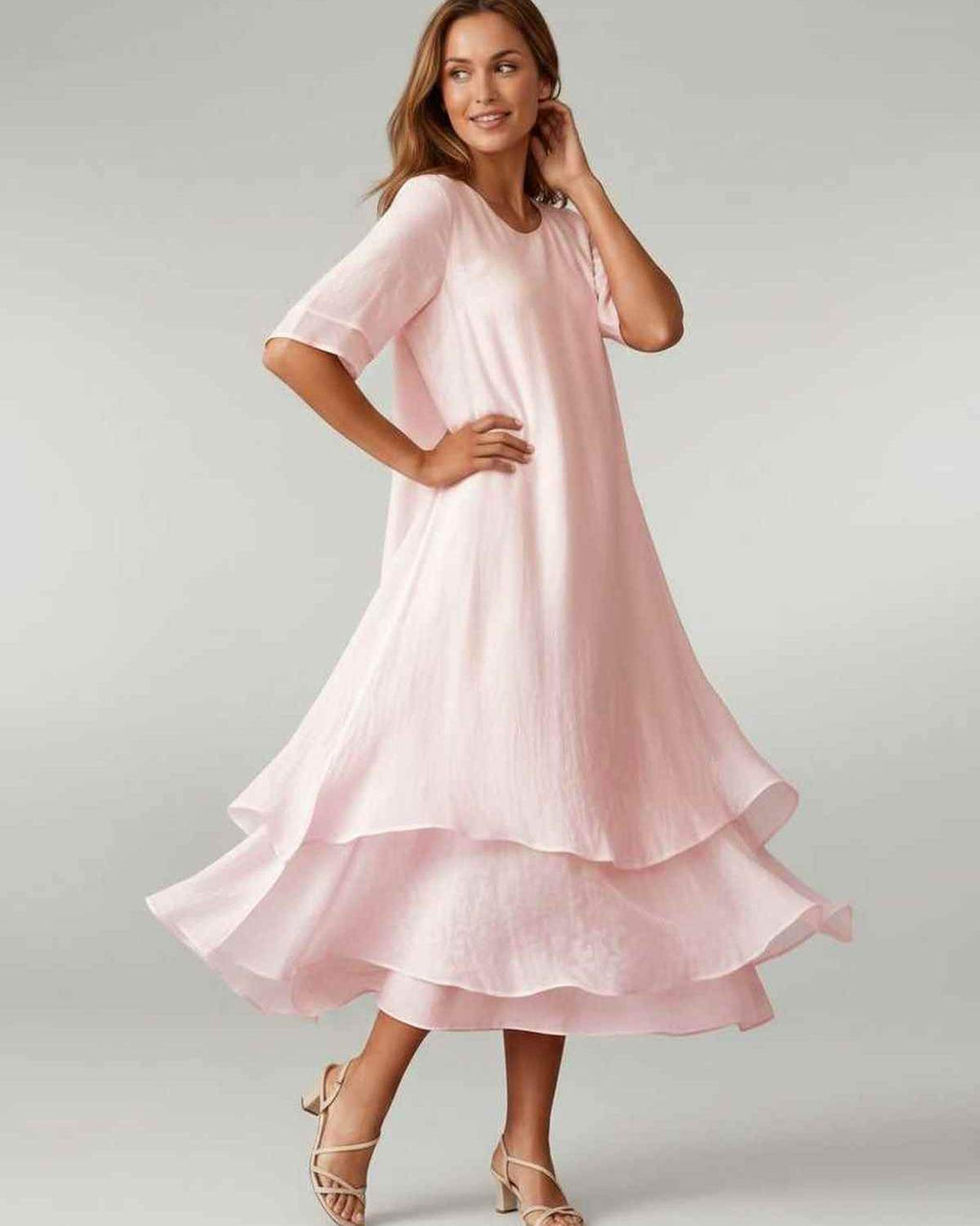 Aurelia Midi Dress by Lauven — lightweight short sleeve round neck layered midi dress