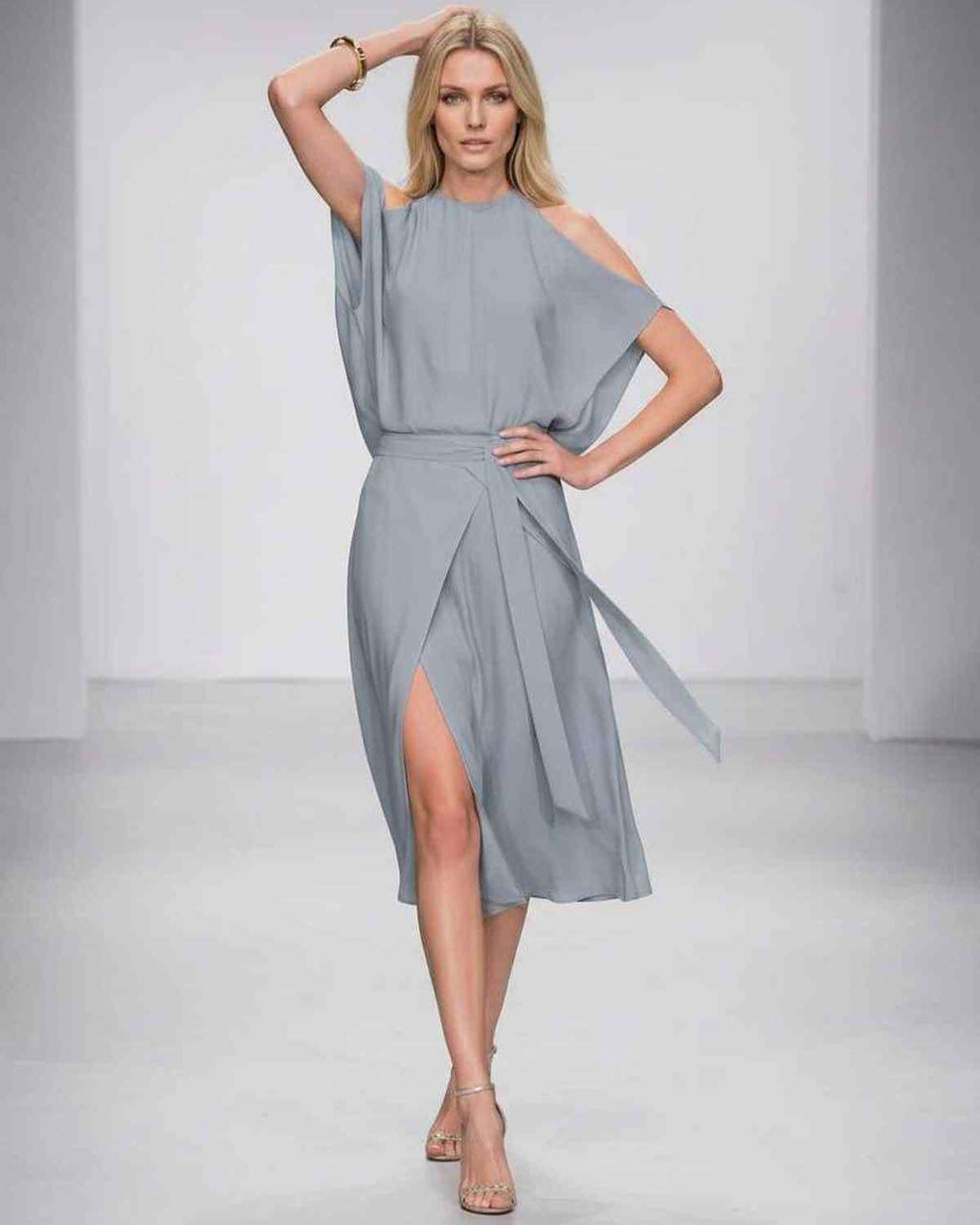 Seralyn Midi Dress by Lauven — halter sleeveless wrap midi dress with tie waist and front slit