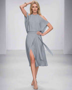 Seralyn Midi Dress by Lauven — halter sleeveless wrap midi dress with tie waist and front slit