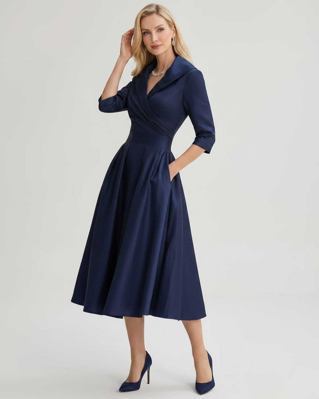 Serelune Midi Dress by Lauven — satin blend 3/4 sleeve V-neck A-line midi dress