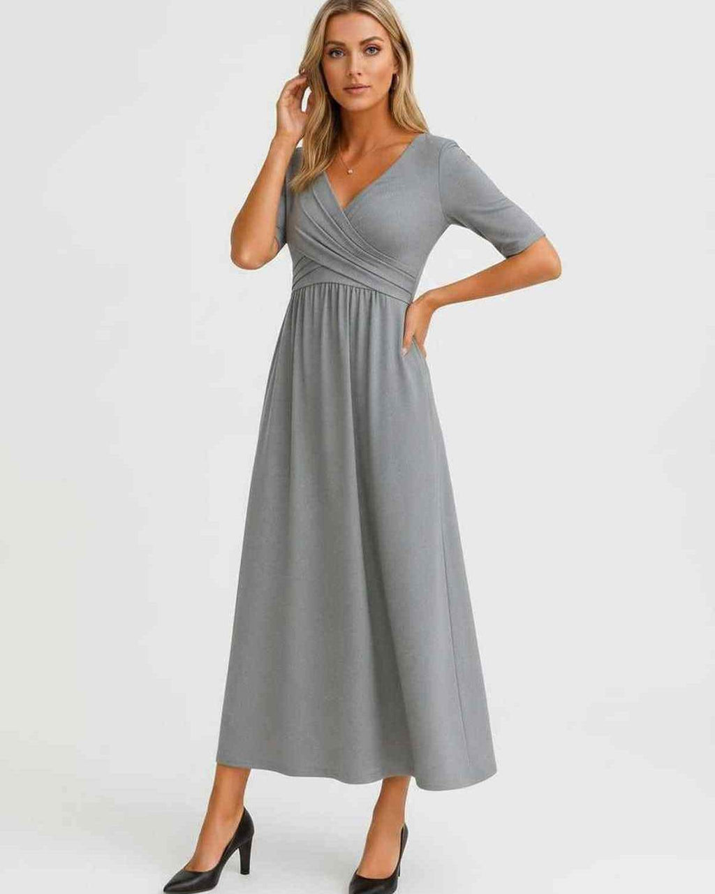 Velmira Midi Dress by Lauven — soft stretch short sleeve V-neck A-line midi dress