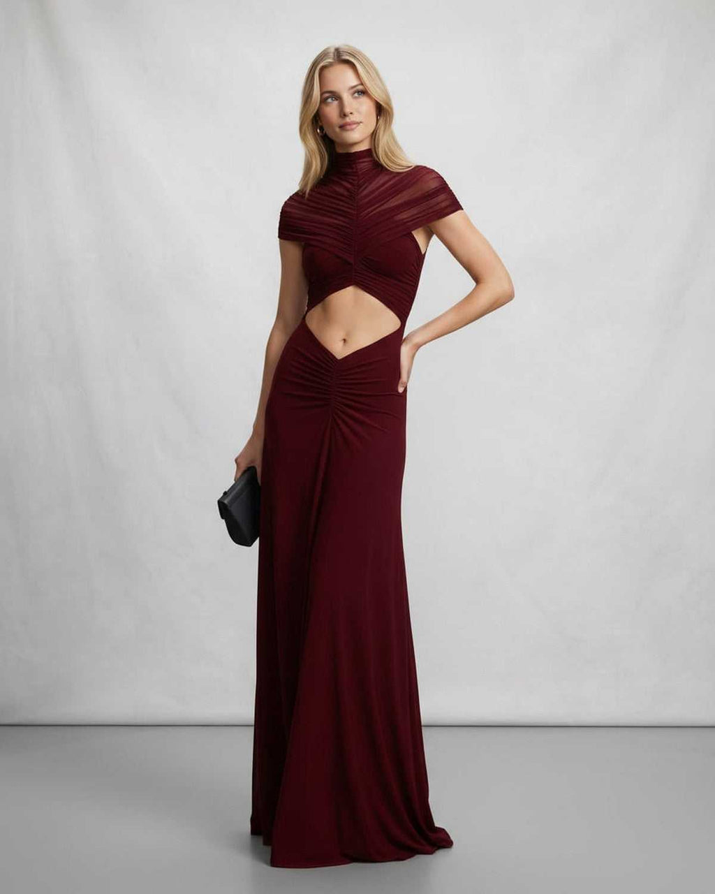 Veloura Maxi Dress by Lauven — polyester short sleeve stand collar flared hem maxi dress