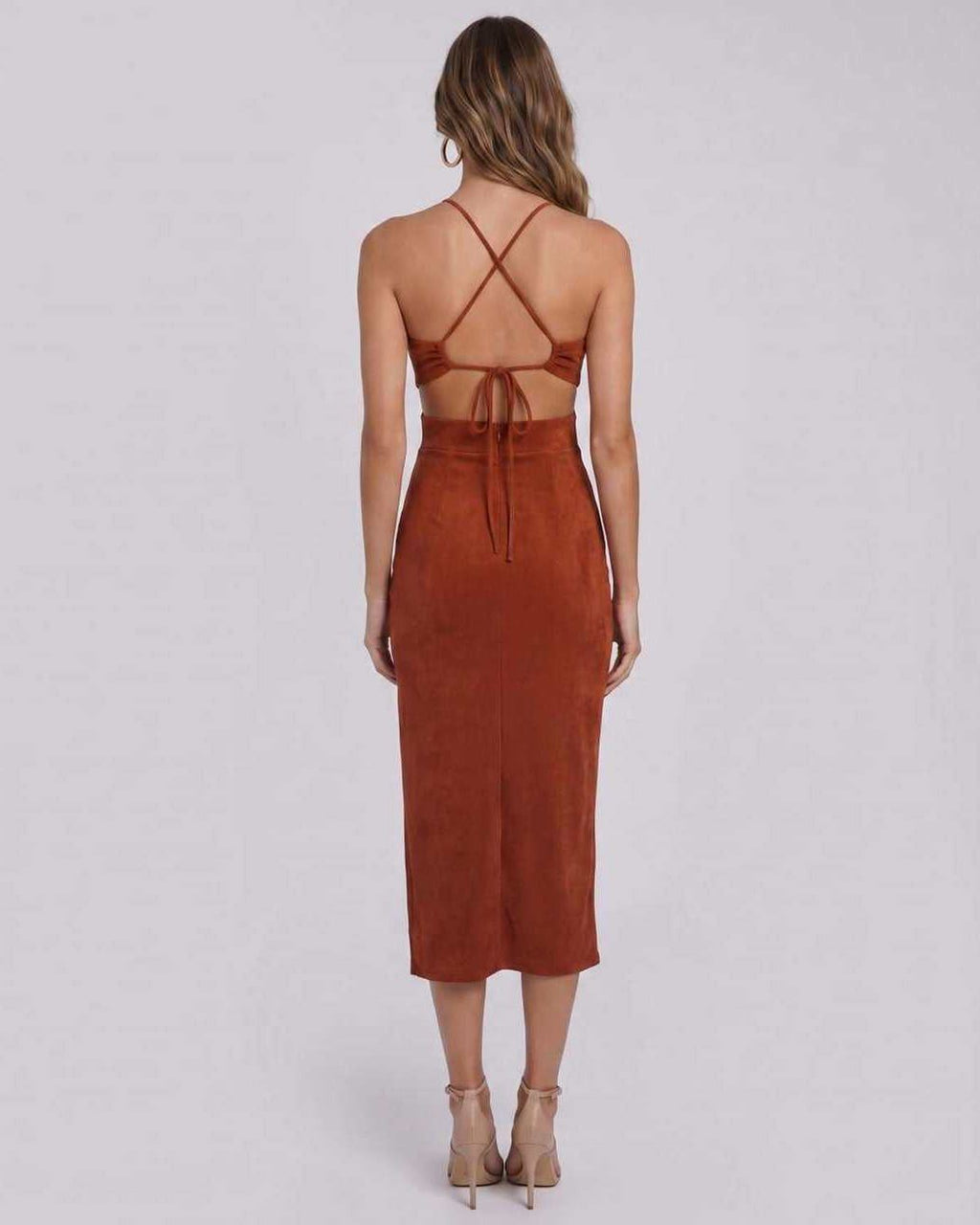 Sable Midi Dress by Lauven — suede-touch polyester blend sleeveless crew neck slim midi dress