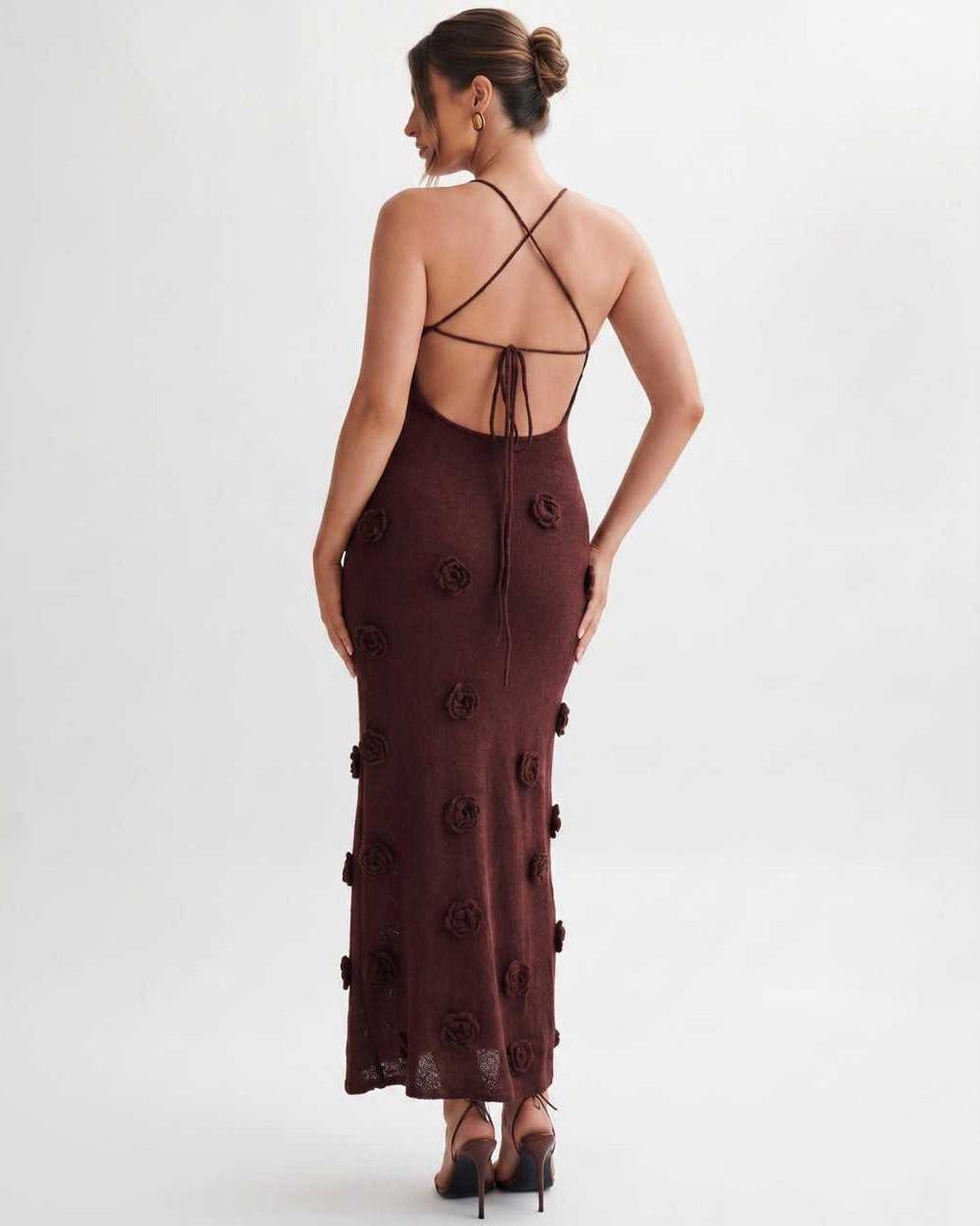 Rosette Maxi Dress by Lauven — textured polyester knit sleeveless V-neck floral maxi dress