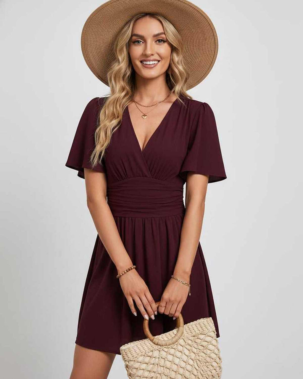 Calista Mini Dress by Lauven — chiffon ruffled short sleeve V-neck A-line mini dress